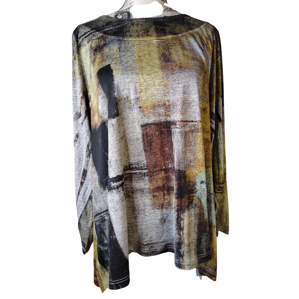 Jess & Jane 1X Long Sleeve Top Blouse, Abstract Lagenlook Art to Wear Muted Tone